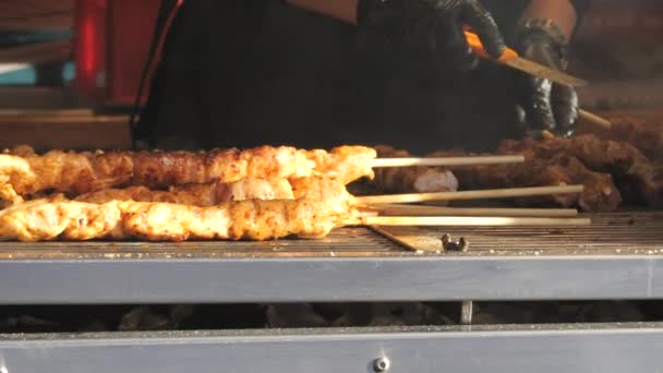 Smażone Kawałki Mięsa Szaszłykach Parujące Zwolnionym Tempie Tuż Przy Grillu — Wideo stockowe