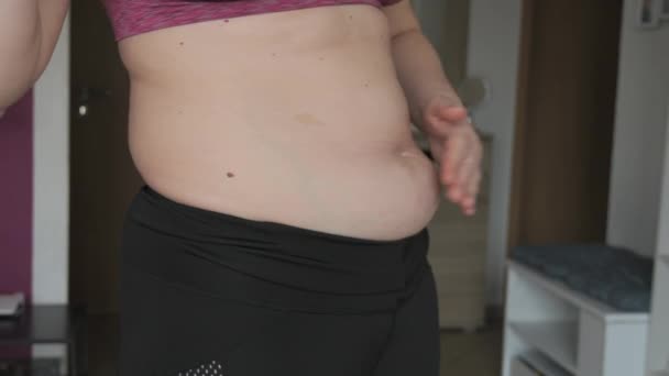 Female Belly Body Positive Woman Touches Belly Folds Flat Slow — Stock Video