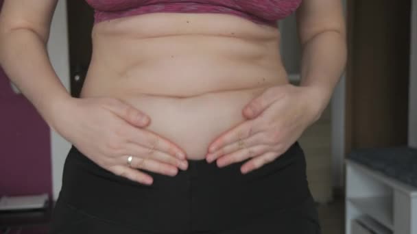 Weiblicher Bauch Positiv Frau Berührt Bauchfalten Flacher Zeitlupe Eine Kleine — Stockvideo