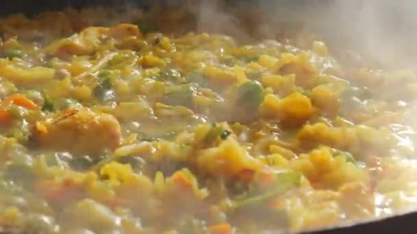 Large Pan Bubbling Risotto Boiling Risotto Vegetables Pieces Chicken Prepared — Stock Video