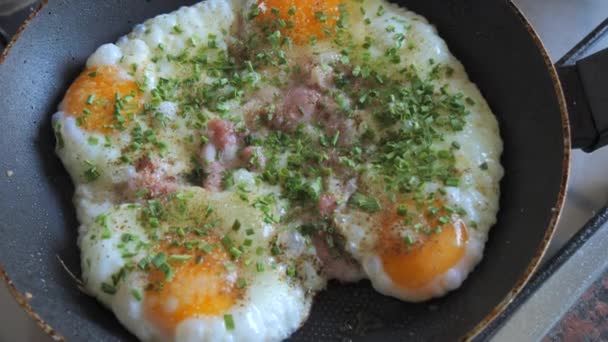 Manhã Ovos Mexidos Uma Panela Com Ervas Pimenta Sal Cozinha — Vídeo de Stock
