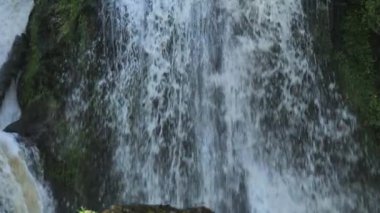 Triberg, Almanya 'daki Kara Orman' ın en yüksek şelalesi. Dağ suyunun yavaş düşüşü. Dağlık bir yerde yeşil yosunlarla kaplı büyük kayalık taşlar..