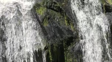 Triberg, Almanya 'daki Kara Orman' ın en yüksek şelalesi. Dağ suyunun yavaş düşüşü. Dağlık bir yerde yeşil yosunlarla kaplı büyük kayalık taşlar..
