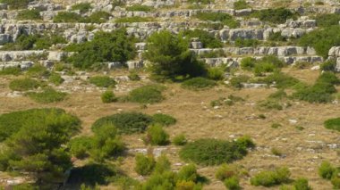 Güneşli kayalık bir tepe, kireç taşı katmanları ve vahşi bitki örtülerinden oluşan doğal bir teras yapısını gösteriyor. Manzara, Güney Avrupa 'nın kuru ve engebeli cazibesini yansıtıyor..