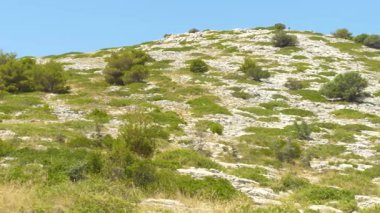 Kuru, kayalık bir tepe yeşil çalılar ve yalnız ağaçlarla dağılmış, parlak öğle güneşinin altında, yukarıda mükemmel mavi bir gökyüzü ile yakalanmış. Tipik bir Akdeniz manzarası.