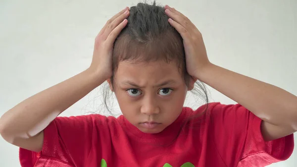 Little Asian Girl Red Get Headache Selective Focus — Stock Photo, Image