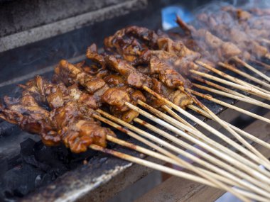 Yogyakarta, Endonezya 'dan geleneksel bir satay olan Sate Ayam veya Chicken Satay, sığ bir odak noktası.
