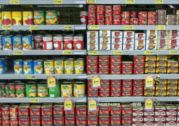 stock image Yogyakarta, Indonesia - July 2, 2023: Canned food with many types and brands on supermarket shelf in Yogyakarta, Indonesia