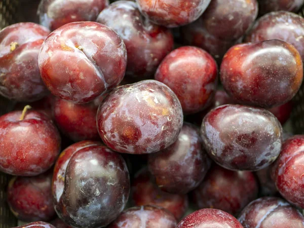 Uma Pilha Frutos Ameixa Vermelha Prunus Americana Supermercado — Fotografia de Stock