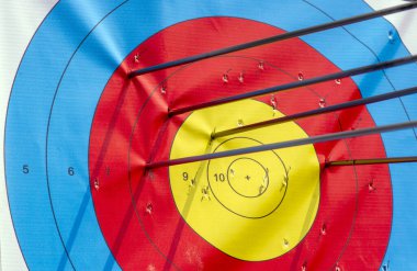 Okçuluk hedefine çok sayıda ok isabet ediyor..