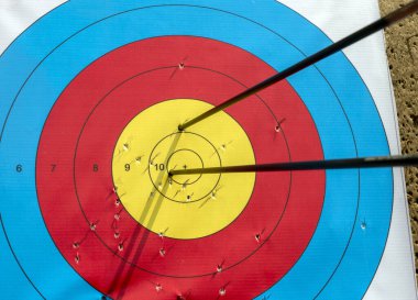 Okçuluk hedefine çok sayıda ok isabet ediyor..