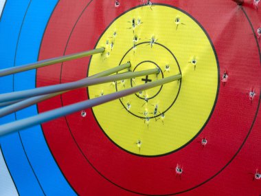 Okçuluk hedefine çok sayıda ok isabet ediyor..