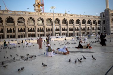 Mekke, Suudi Arabistan - 1 Haziran 2024: Hac ve Umrah hacıları, Mekke 'deki Mescidi Haram yakınlarında, birçok güvercinle birlikte oturuyorlar ve yatıyorlardı. Hac 2024.