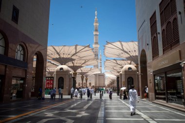 Medine, Suudi Arabistan - 3 Temmuz 2024: Suudi Arabistan 'da Mescid Nabawi olarak da bilinen Hz. Muhammed Camii' nin hacı ve güvercinleri..