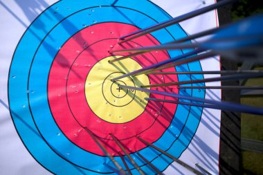 Okçuluk hedefine çok sayıda ok isabet ediyor..