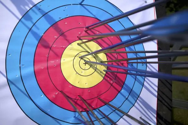 Okçuluk hedefine çok sayıda ok isabet ediyor..