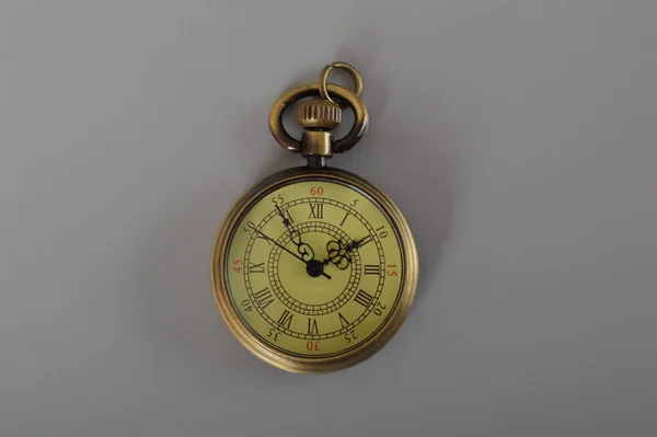 Vintage Pocket Clock Isolated Grey Background — Stock Photo, Image