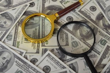 Büyüteç ve yığınla dolar. Mali konsept.