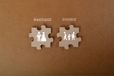 Evlilik ve DiVORCE sembollü yapboz. Evlilik ve boşanma, bireyler, aileler ve toplum olarak önemli etkileri olan sosyal, kültürel ve hukuki kavramlardır..