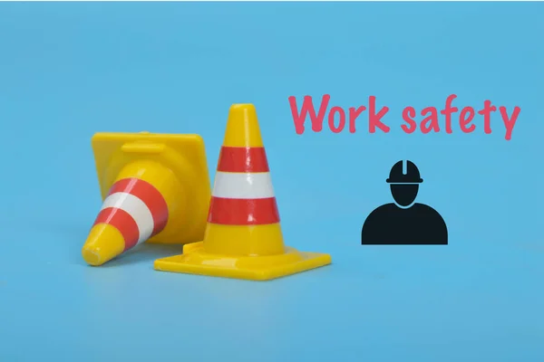 Yellow Plastic Cones Text Work Safety — Stock Photo, Image