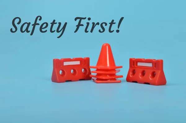 Red Cones Safety Barricades Text Safety First — Stock Photo, Image