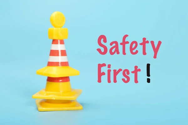 Yellow Plastic Cones Text Safety First — Stock Photo, Image