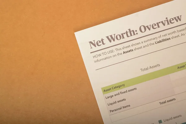 The top view presents a net worth overview, showcasing assets and liabilities on a paper sheet