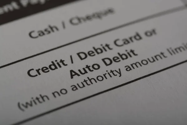 Κλείσιμο Προβολής Της Λέξης Credit Debit Card Και Auto Debit — Φωτογραφία Αρχείου