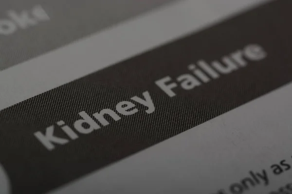 Close up view of the word KIDNEY FAILURE. Kidney failure, also known as renal failure, is a serious medical condition where the kidneys are unable to function effectively