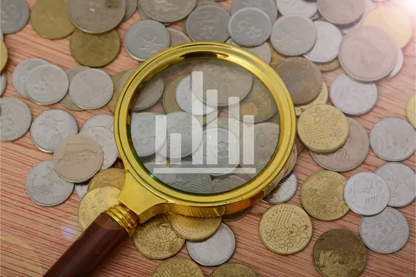 The financial analyst examined the money market trends through a magnifying glass, carefully scrutinizing the coin-shaped data points on the graph
