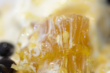 Yakın plan bir görüntüde bal arısı karışımı ve kremalı dondurmanın nefis bir kombinasyonu sergilendi, baştan çıkarıcı ve doğal bir tatlı oluşturdu.