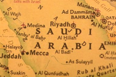 Suudi Arabistan 'ın haritadaki yeri, Medine, Mekke ve Riyad da dahil. Müslümanların en popüler yerleri..