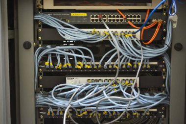 Klang, Malezya: 6 Ekim 2024 - Resim, çok sayıda ethernet kablosu ile bağlanmış birden fazla anahtar ve yama paneli olan bir ağ askısını gösteriyor.