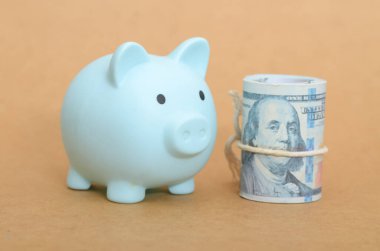 Tasarruf Para Kavramı: Açık Mavi Domuz Kumbarası ve Yuvarlanan Amerikan Doları Faturaları