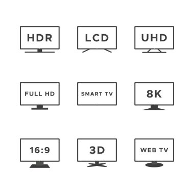 Akıllı televizyon simgesi seti. Siyah çizgi televizyon ekranları beyaz arkaplanda izole edilmiş. Web TV özellikleri: HDR, LCD, UHD, full HD, 8K, 16: 9. Vektör illüstrasyonu, düz tasarım