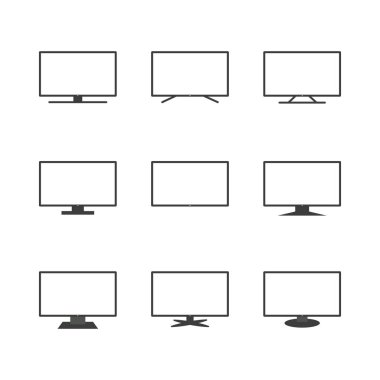 Akıllı televizyon simgesi seti. Siyah çizgi televizyon ekranları beyaz arkaplanda izole edilmiş. Web TV özellikleri: HDR, LCD, UHD, full HD, 8K, 16: 9. Vektör illüstrasyonu, düz tasarım
