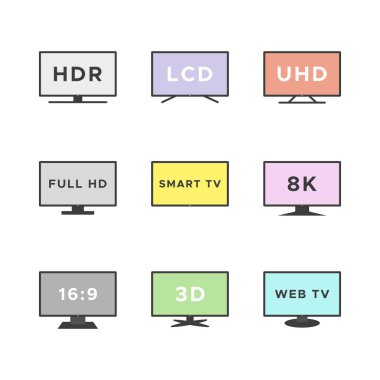 Akıllı televizyon simgesi seti. Beyaz arka planda izole edilmiş renkli TV ekranları. Web TV özellikleri: HDR, LCD, UHD, full HD, 8K, 16: 9. Vektör illüstrasyonu, düz tasarım