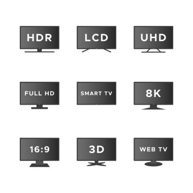 Akıllı televizyon simgesi seti. Gradyan televizyon ekranları beyaz arkaplanda izole edildi. Web TV özellikleri: HDR, LCD, UHD, full HD, 8K, 16: 9. Vektör illüstrasyonu, düz tasarım