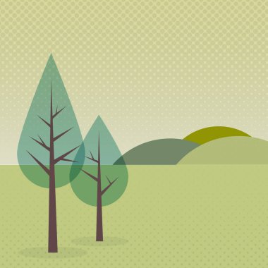 Ağaçlar ve dağlarla kaplı bir manzara. Minimalist şekiller. Vektör illüstrasyonu, düz tasarım