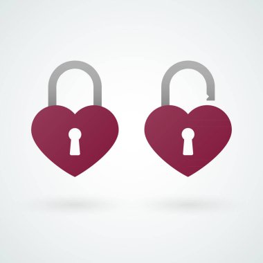 Closed and opened padlock icons of love. Vector illustration, flat design