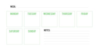 Weekly planner. Notes with lines. Printable template. Vector illustration, flat design