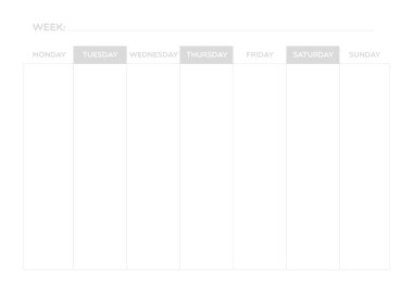 Haftalık planlayıcı gri renk. Sütunlar. Yazdırılabilir şablon. Vektör illüstrasyonu, düz tasarım