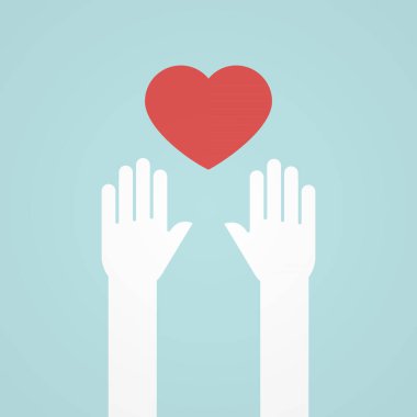 İnsan sevgisi. İnsan eli ve kalp şekli. Aşk kavramı. Vektör illüstrasyonu, düz tasarım