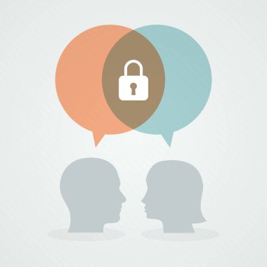 Mahremiyet hakkında diyalog. Konuşma baloncukları, kadın ve erkek kafası. Vektör illüstrasyonu, düz tasarım