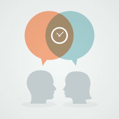 Zamanla ilgili diyaloglar. Konuşma baloncukları, kadın ve erkek kafası. Vektör illüstrasyonu, düz tasarım