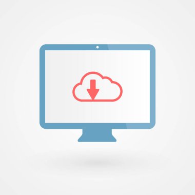 Masaüstü ve indirme bulutu. İndirme kavramı. Vektör illüstrasyonu, düz tasarım