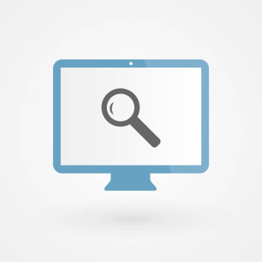 Masaüstü ve büyüteç. Araştırma kavramı. Vektör illüstrasyonu, düz tasarım