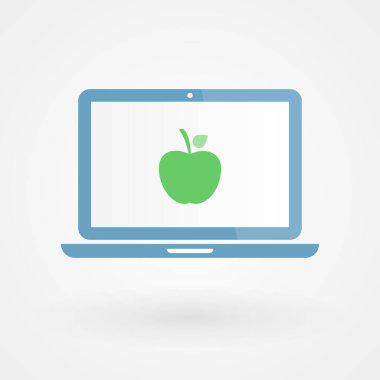 Laptop ve elma. Beslenme ve yiyecek kavramı. Vektör illüstrasyonu, düz tasarım