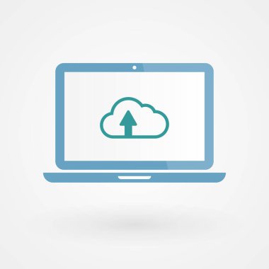 Laptop ve yükleme bulutu. Yükleme konsepti. Vektör illüstrasyonu, düz tasarım