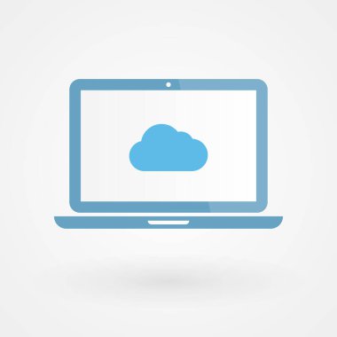 Laptop ve bulut. Bulut hesaplama kavramı. Vektör illüstrasyonu, düz tasarım